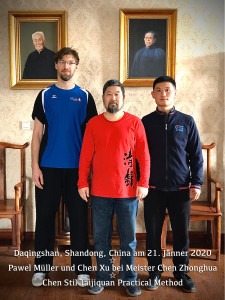 Pawel Mueller and Chen Xu at Daqingshan with their Shifu Chen Zhonhua